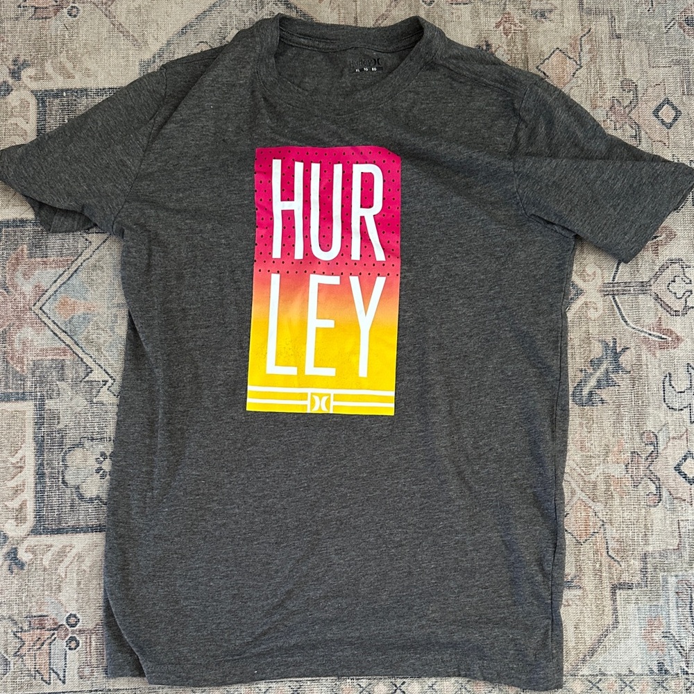 Hurley Men's Charcoal Tee with Pink and Yellow Logo